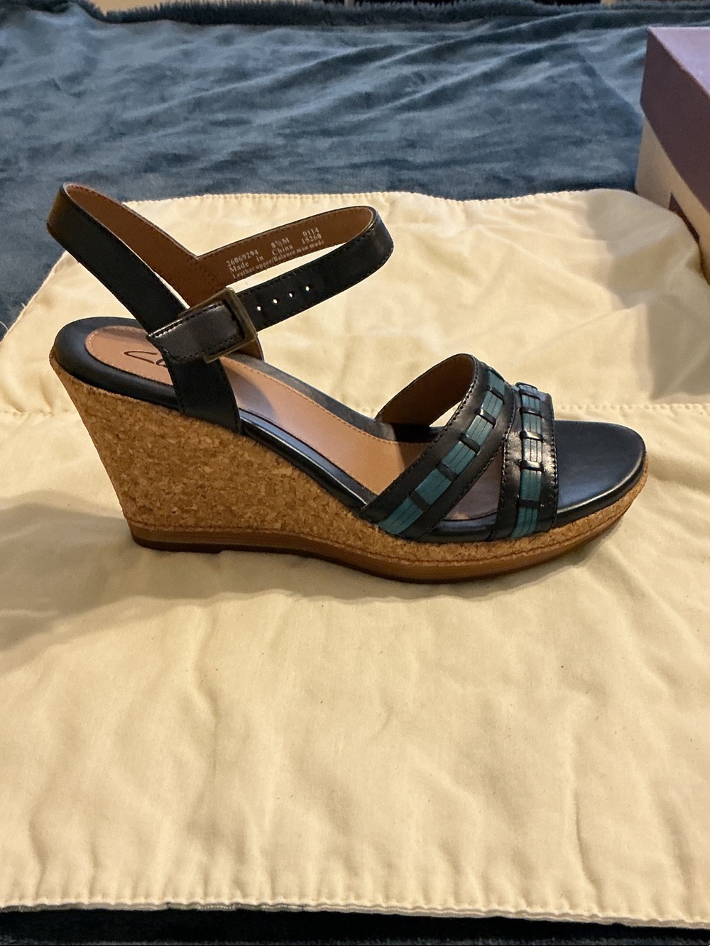 Clarks Navy and Teal Wedge Sandal with Cork Platform